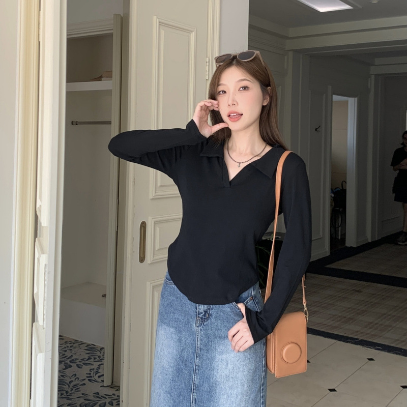 플러스 사이즈 베이스 셔츠 여성용 내부 긴팔 티셔츠 가을 뉴 통통녀 순수 바람 어깨 슬리밍 폴로 칼라 탑