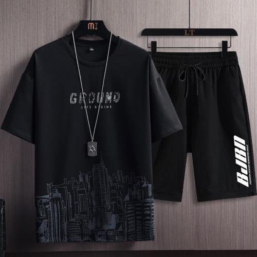 2026 verano nuevo juego de pantalones cortos de mangas cortas deportivas para hombres de tamaño grande casual suelto versátil mangas cortas al por mayor comercio exterior