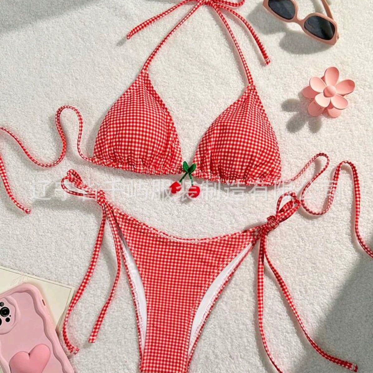 Сексуальный купальник Wish Brand на двоих с бантами - красно-сине-гладкий двухслойный набор из топа и низу, двухчастный купальник