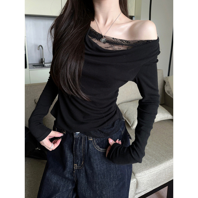 韩系纯欲蕾丝拼接露肩女2025春季新款设计感小众显瘦短款辣妹上衣|undefined