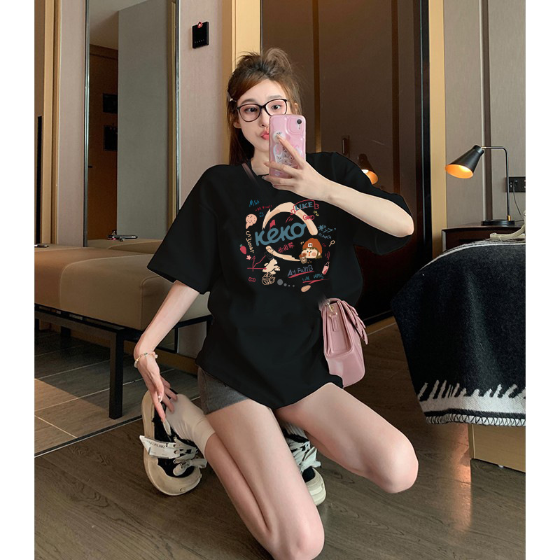 純綿半袖tシャツ女性夏韓国版新型ゆるい丸首小衆白色アニメプリント学生半袖tシャツ|undefined