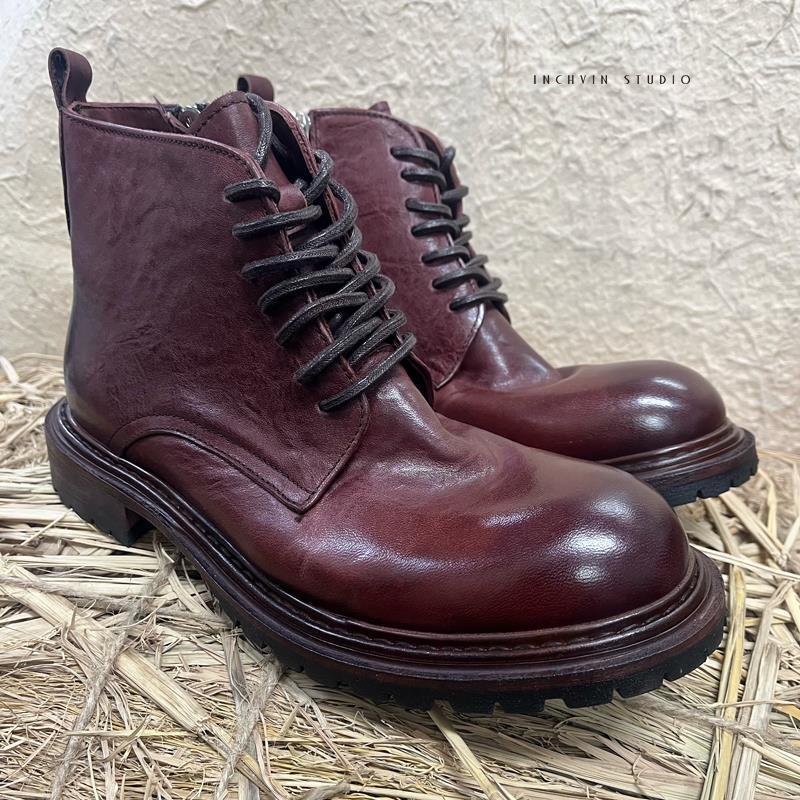 手工风内外植鞣马皮沿条皮底男士系带高帮皮鞋男微翘头复古马丁靴