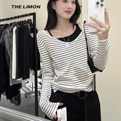 THE LIMON 柠檬绿茶2025秋季假两件针织打底衫镂空外穿设计感上衣