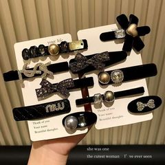 黑色丝绒发夹满钻蝴蝶结刘海闪亮水钻鸭嘴侧边夹发卡韩式轻奢
