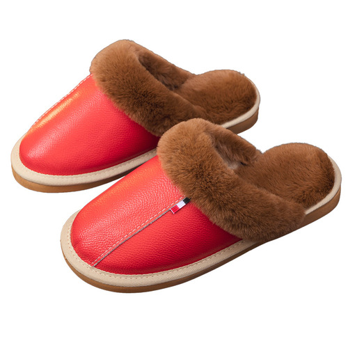 Haining Genuine Leather Slippers Home Women Winter Indoor Household Anti-Slip Fur Fleece Warm Cowhide Home Cotton Slippers Men