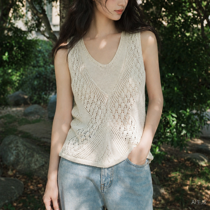 Elegant Linen Knit Vest with a Beautiful Hollow-Out V-Neck, Faux Two-Piece Design, Sheer Sleeveless Summer Vacation Style Lyocell Top