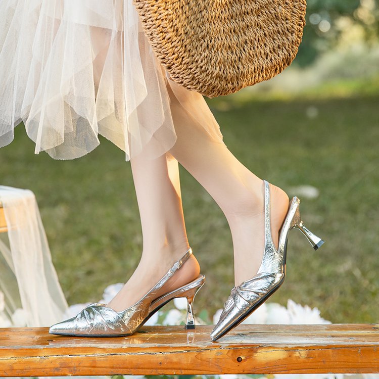 French Elegant Socialite Black High Heel Toe Sandals Women's Shoes 2024 New Summer Pointed Toe silver Shoes