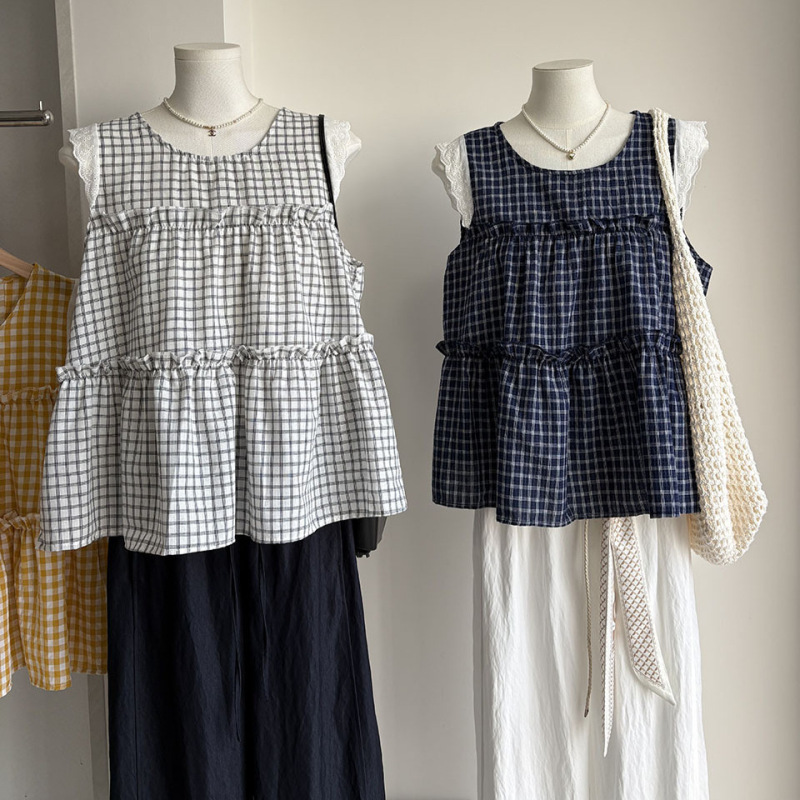 [2026 Summer New Korean Style Ruffled Plaid Lace Patchwork Doll Collar Sleeveless Shirt for Women 6650]