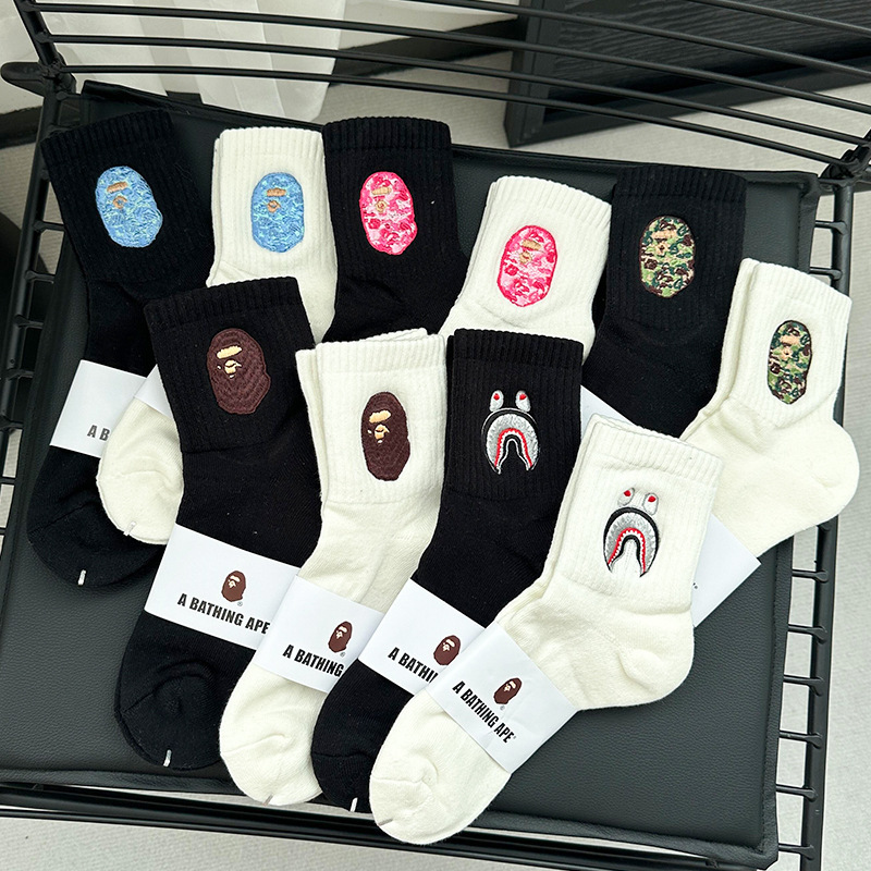 Bape Ape Head Medium Tube Men's Towel Bottom Socks Japanese Style Ins Trendy High-top Sport Women's Long Tube Embroidered White