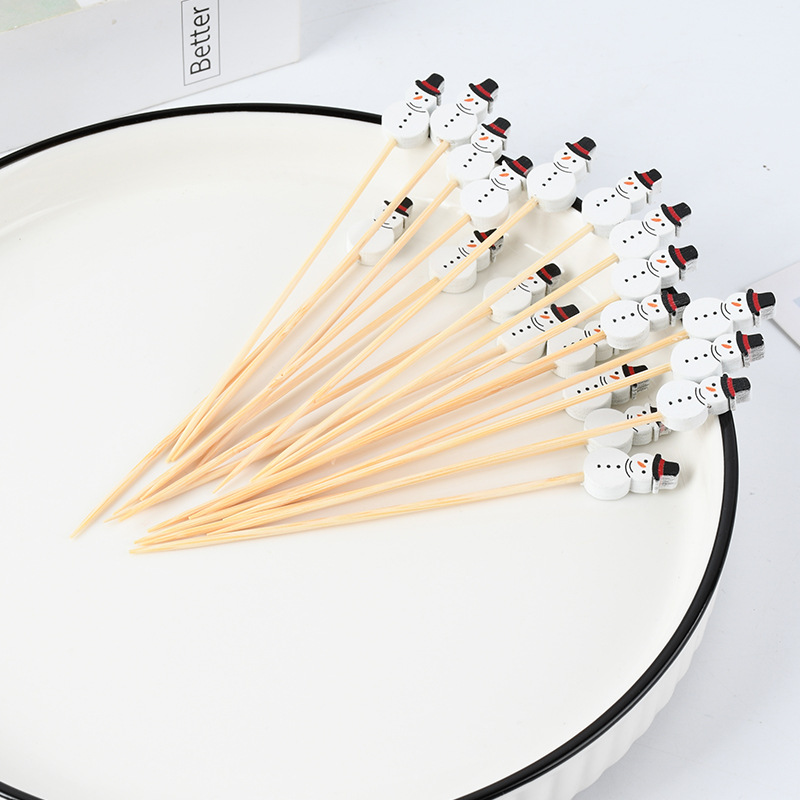 Navidad creativa bambú tiquetas de nieve horquilla de fruta decoración horquilla de fruta bandeja de bambú desechable suministro de tiquetas de vino de moda