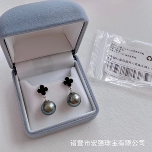 8-11mm Japanese sea pearl earrings mirror gloss Tahiti black pearl earrings S925 four-leaf clover earrings