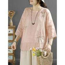 S 78007 Cotton Linen Embroidered Short Sleeve Top ���������
