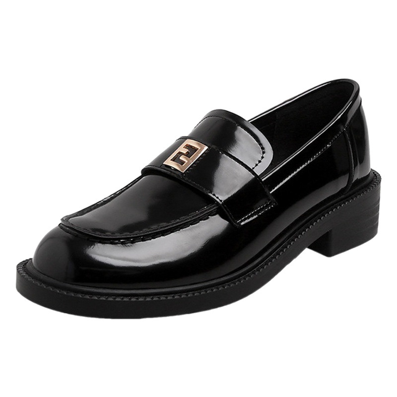 Zapatos de cuero para mujer, mocasines de tacón grueso con punta redonda versátiles de estilo británico con hebilla cuadrada pequeña dorada estilo Grape Mom