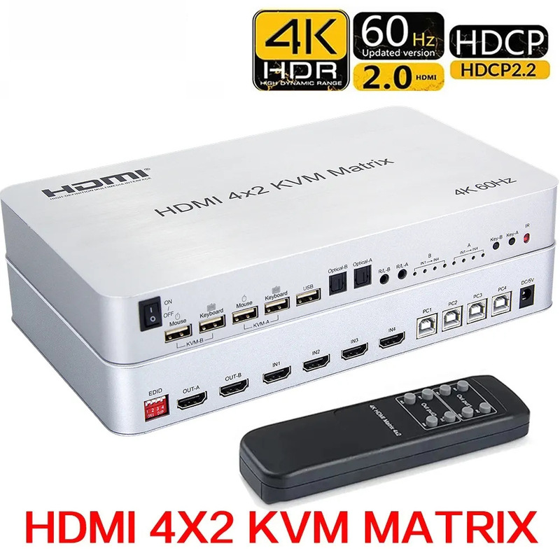 Cross-border hot-selling HDMI KVM four-in two-out matrix 4K60hz support fiber audio mouse keyboard switcher