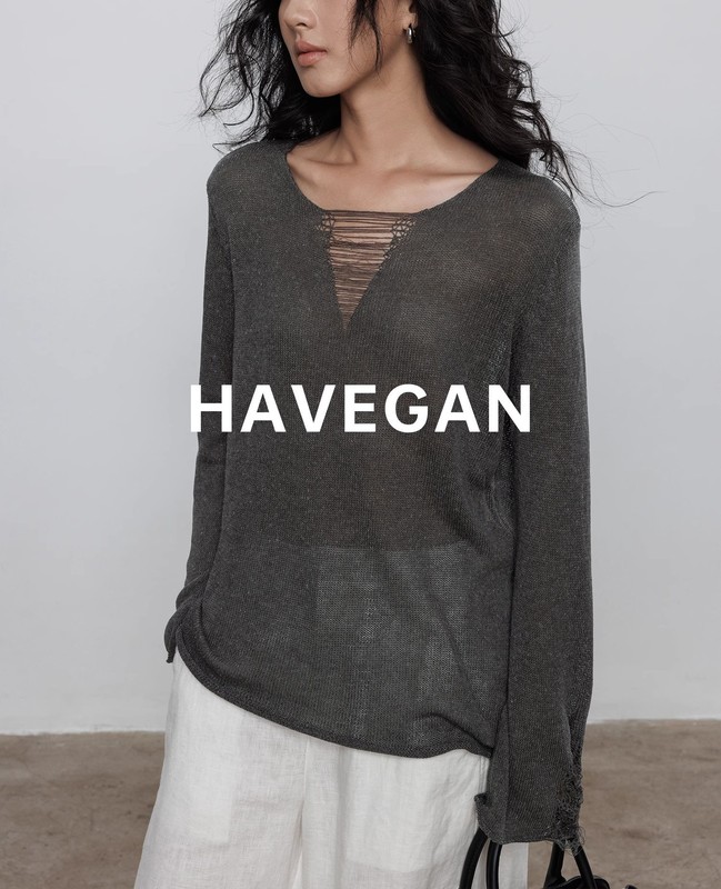 与间HAVEGAN/秋季v领天丝亚麻长袖设计感针织衫女宽松老钱风上衣|undefined