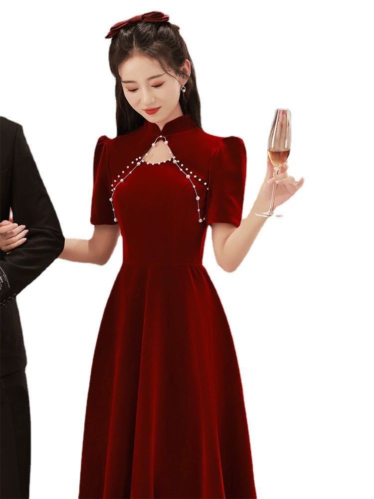 Summer evening dress, red velvet long cheongsam, wedding dress