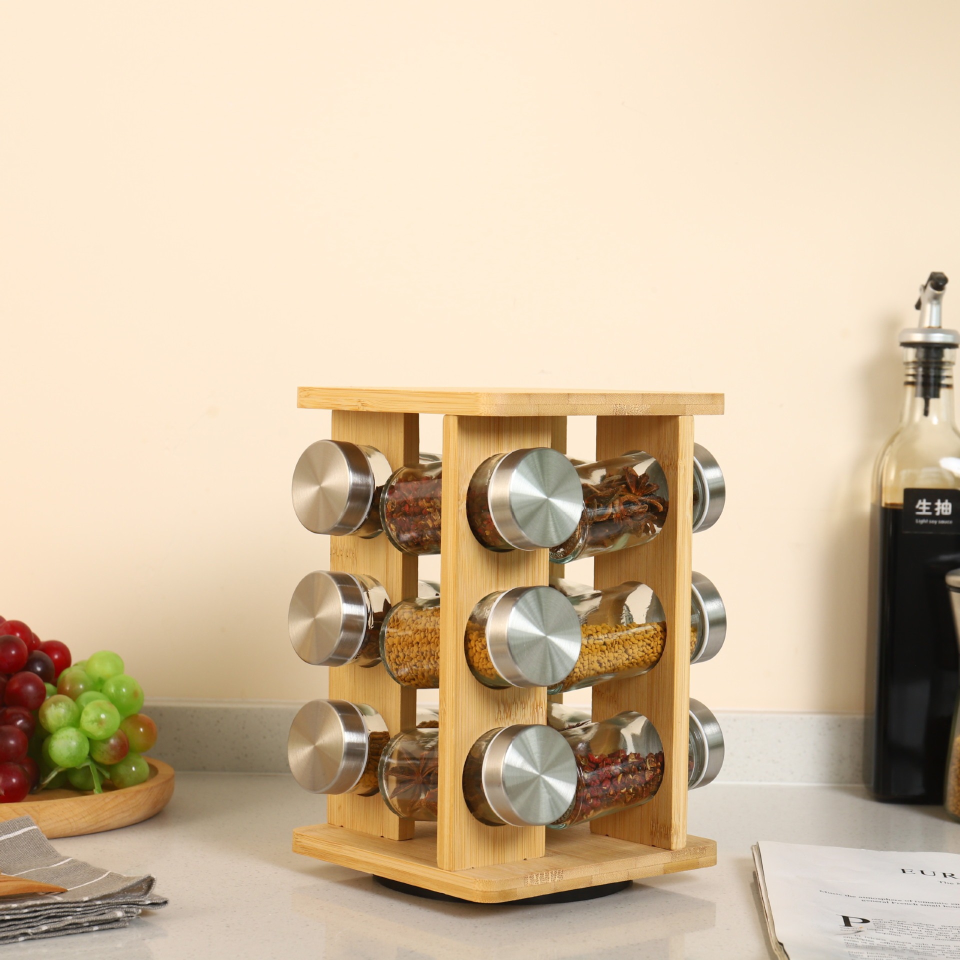 Rack de condimento de madera cuadrada para cocina doméstica condimento giratorio condimento de botella de condimento de gran capacidad multi-especificación