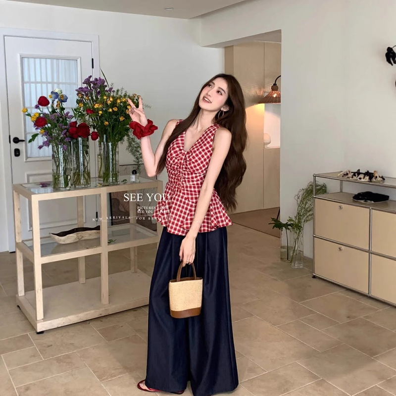 Korean Pleated Plaid Shirt Women's Summer Ruffled Petite Sleeveless Shirt Babydoll Plaid V-Neck Top