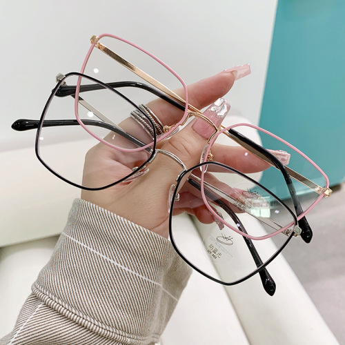 new cross-border ultra-light cat-eye frame metal thin-edge frame large frame showing face small discoloration anti-blue light glasses