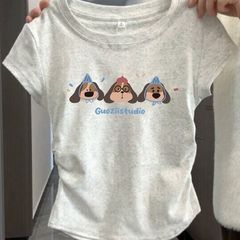 純綿の肩の半袖のtシャツの女性の修身2025夏の新型のデザイン感の小さい衆のしわのギャルの短い上着