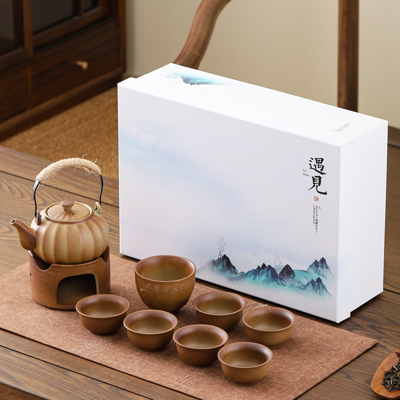 Wood-fired tea set, charcoal-burning tea pot with handle, simple outdoor household set of coarse pottery tea pot and cups