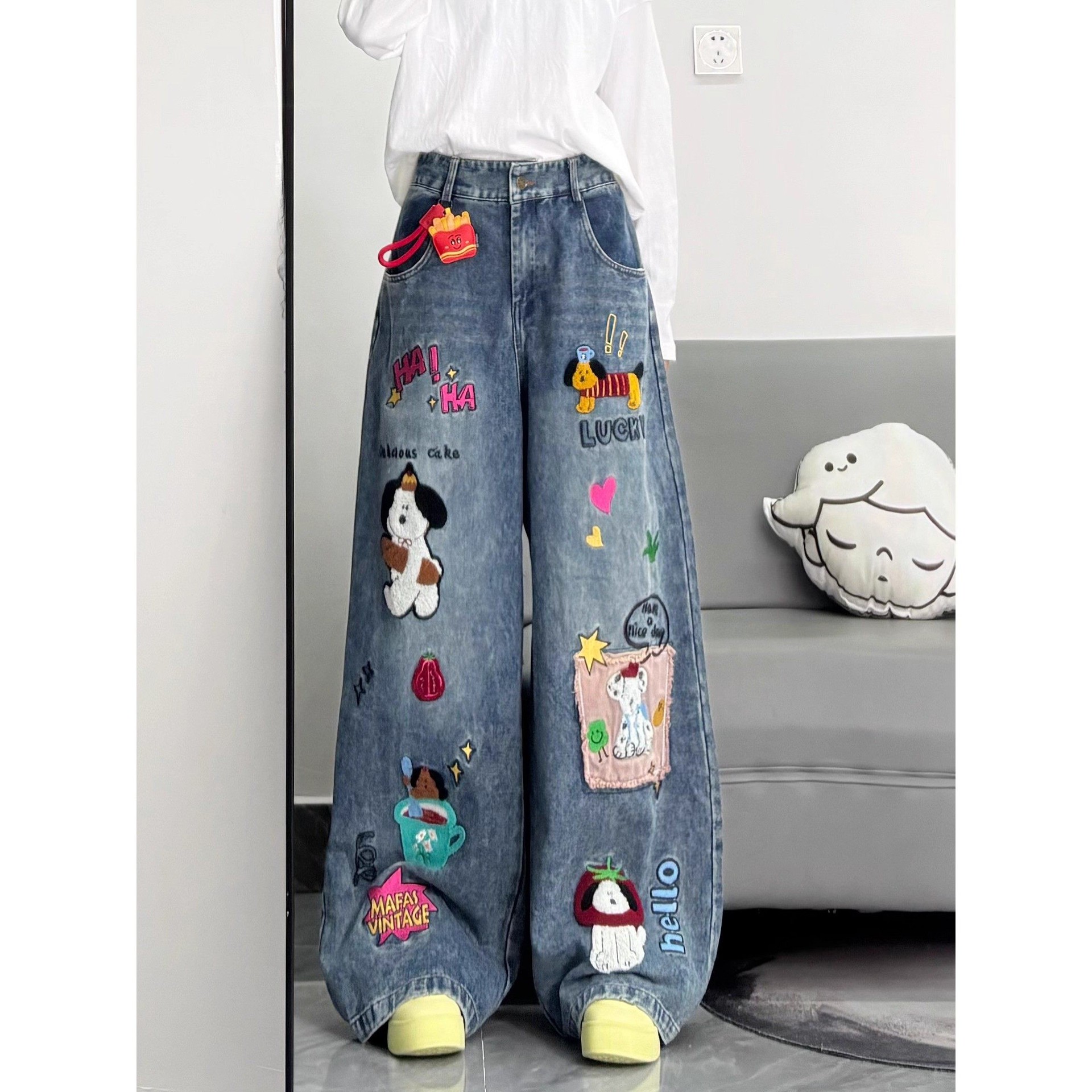 Cute Cartoon Patchwork Wide Leg Jeans For Women, High Waist Loose Baggy Denim Pants, 90s Streetwear Casual Trousers For Everyday & Vacatio Jeans Donna_voghion.com