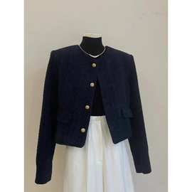 暗黑蓝小香风外套秋冬新款流行气质名媛感超好看短款上衣女