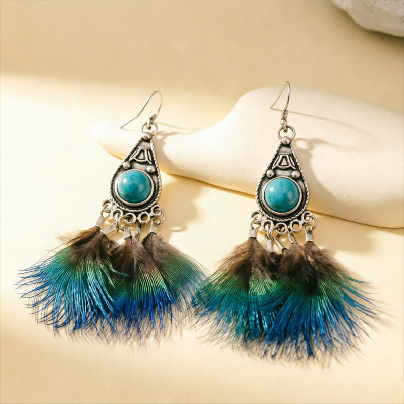 Retro ethnic blue long turquoise earrings with tassels