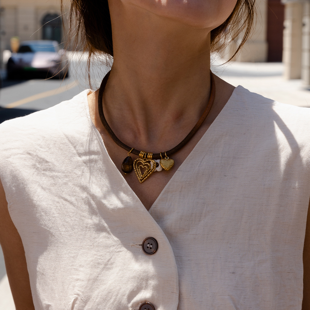 Tiana Europa y América colgante de acero inoxidable collar de estilo de moda de cuero collar de collar de clavícula cadena de suéter transfronterizo