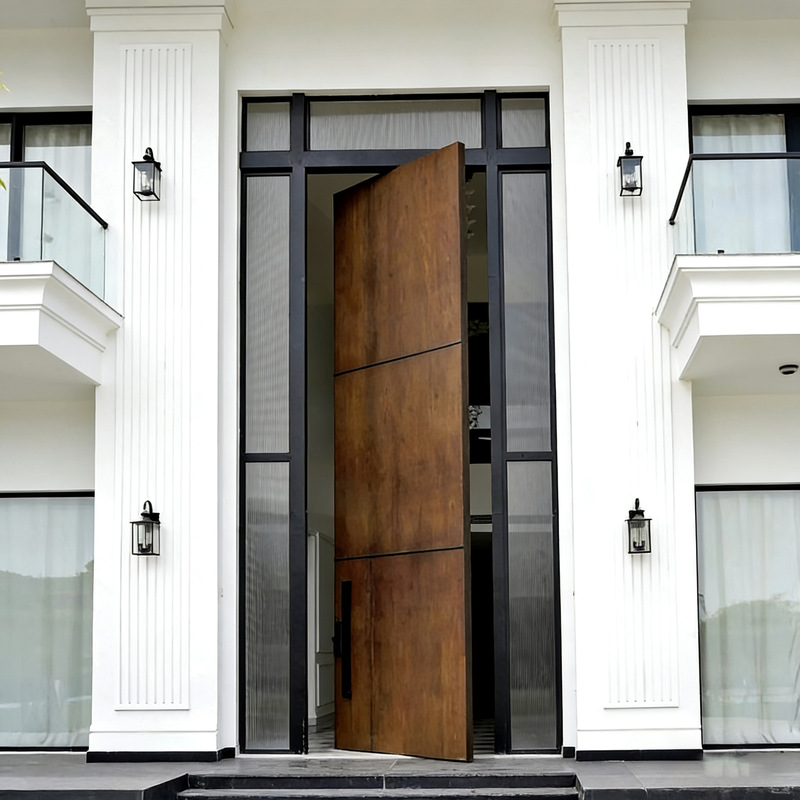 Custom-Made Cast Aluminum Pivot Door for Villa Entrance, Large Central Axis Aluminum-Wood Door for Self-Built Houses, Simple Wood Grain Design