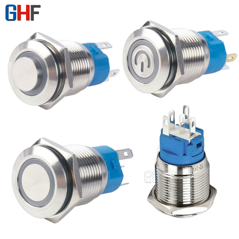 16mm金属按钮 环形带灯按钮开关 自锁/自复位 带电源标 led带灯