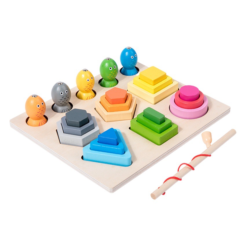 Forma geométrica a juego columna de madera magnética pesca dos en uno bloques de construcción juguetes de educación temprana de los niños