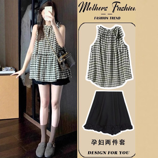 Maternity Suit Korean Style Plaid Round Neck Sleeveless Thin Top Shorts 2025 New Casual Two-Piece Summer Set