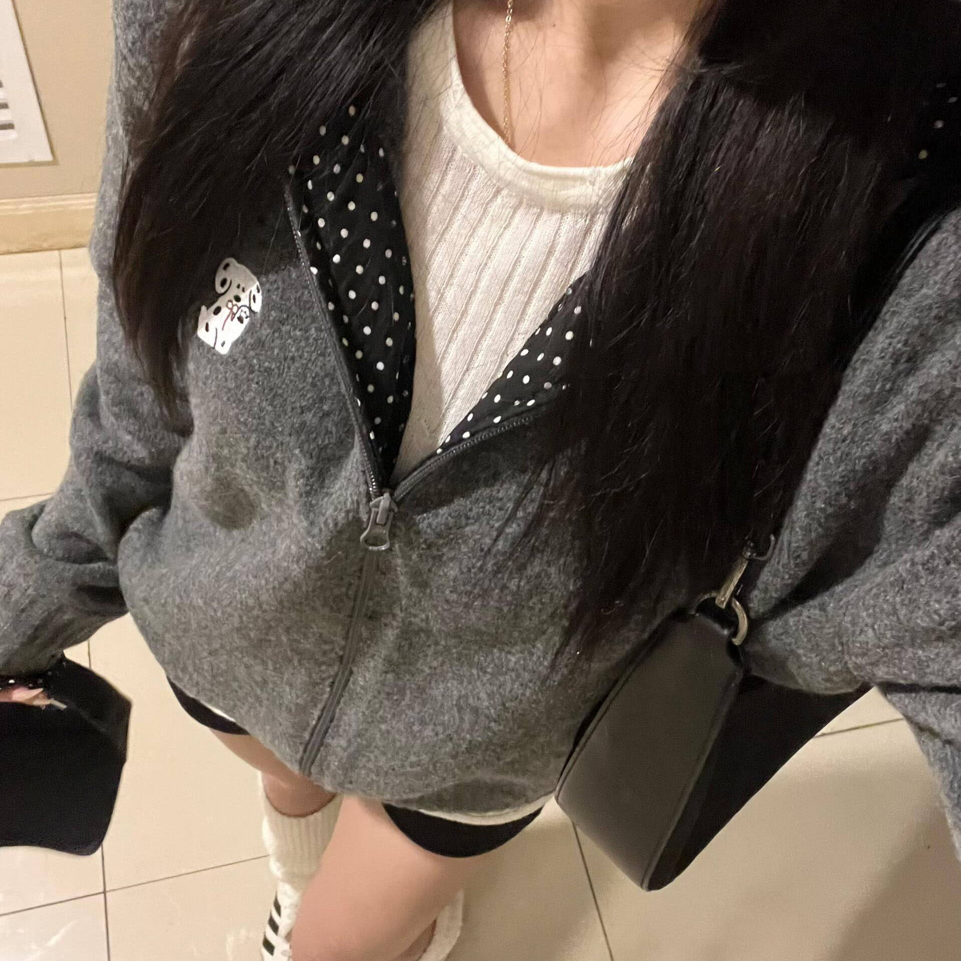 Korean-style Casual College-style Hooded Polka Dot Gray Sweater...