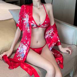 和服诱惑三点式比基尼情趣内衣制服角色扮演浴袍红色囍庆款批发