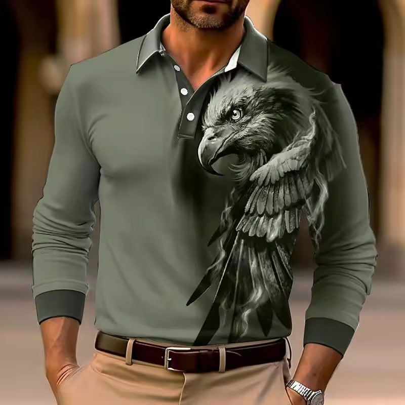 2024 venta caliente águila 3D impresión digital hombres malla suelta transpirable manga larga botones cuello jersey POLO