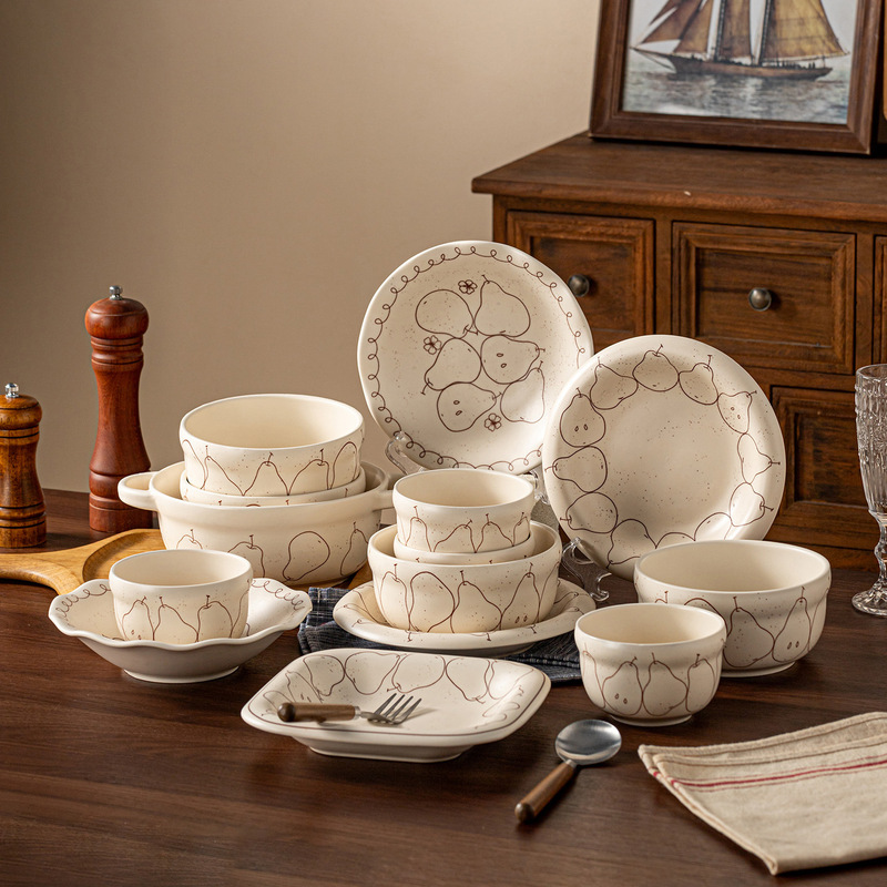 Creative and stylish underglaze ceramic bowl set with matte pear pattern, including soup bowls, plates, double-handled bowls, and ceramic tableware