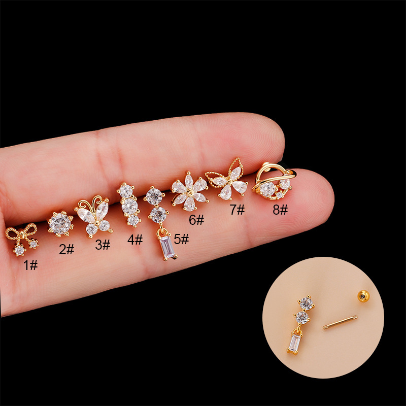 1 Piece Quantity 1 Piece 316L Stainless Steel Copper Zircon Ear Cartilage Rings & Studs Butterfly Waterproof Non Tarnish Surgical Steel Women'S