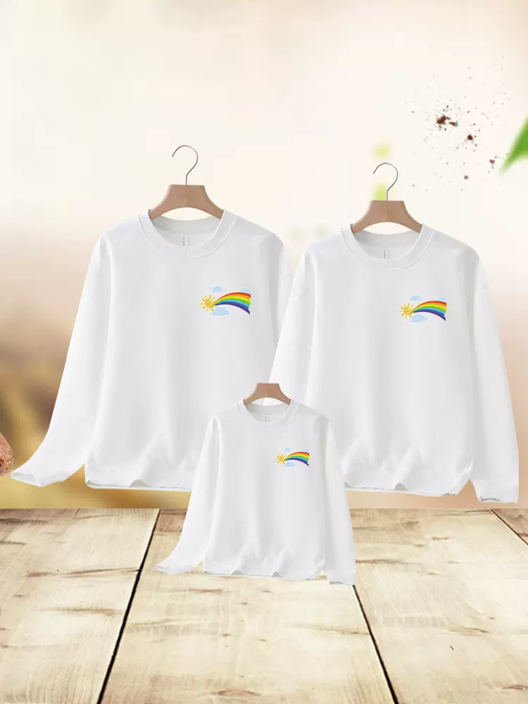 克莱因蓝亲子装秋季一家三口彩虹logo小学生运动活动班服长袖卫衣