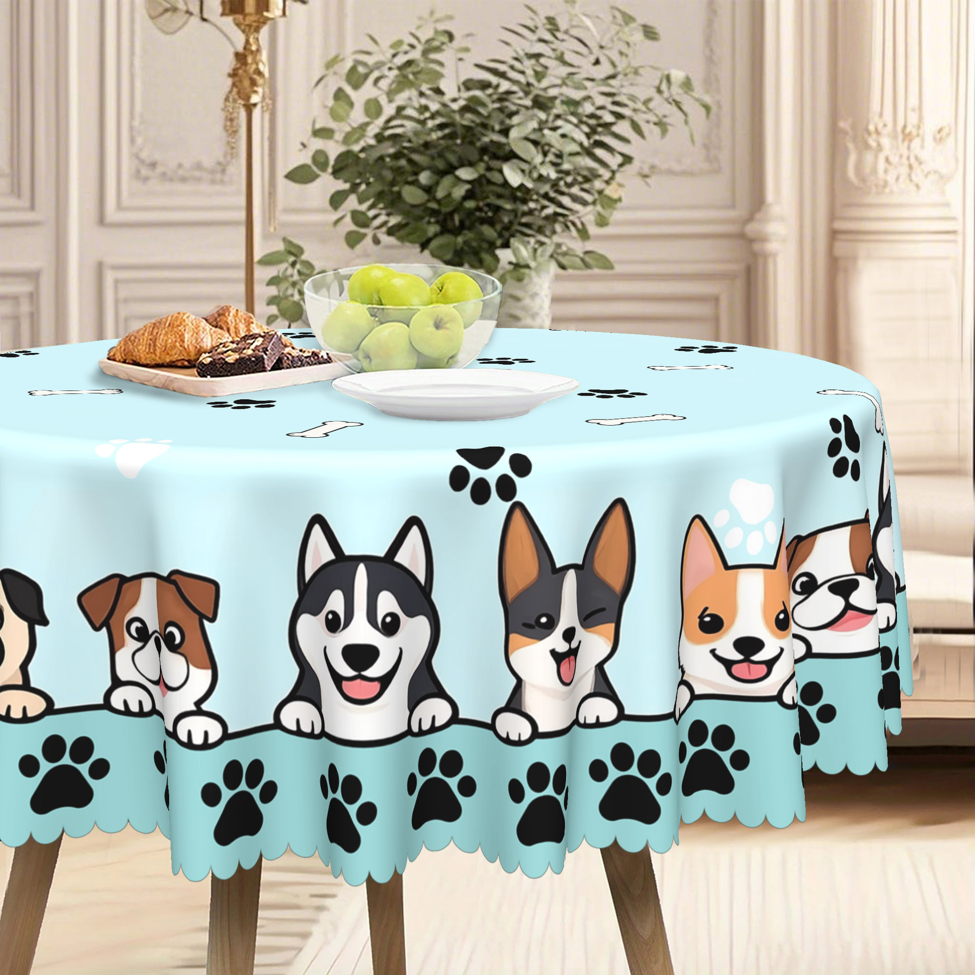 Cute dog paw print round tablecloth light blue with cartoon dog face…