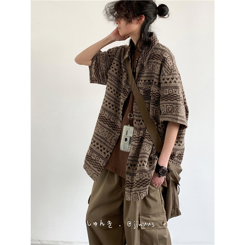 Summer Japanese Vintage-Style Short-Sleeve Shirt for Men and Women, Student Edge Water Ethnic Retro Silhouette Casual Shirt Jacket