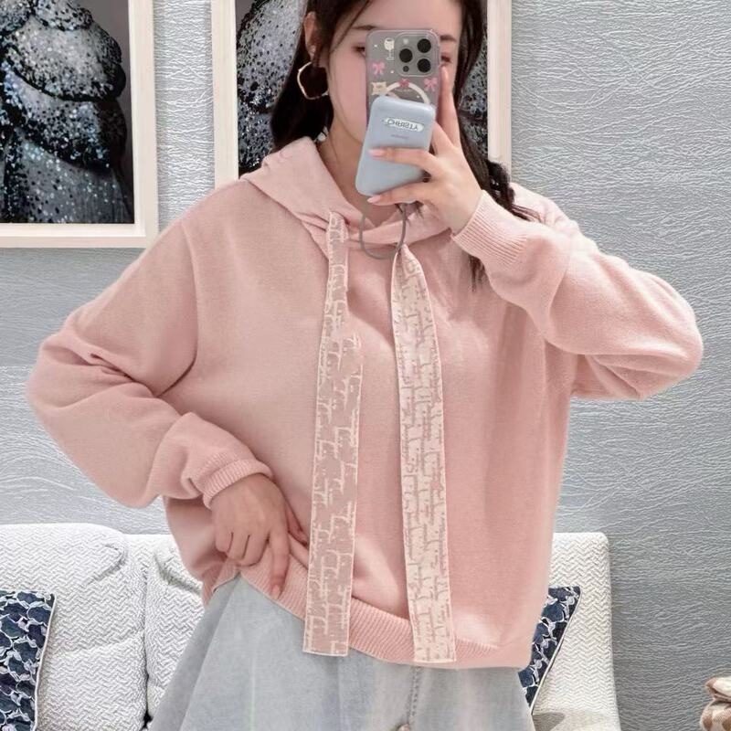 French-style design letter-print drawstring versatile loose hooded knit sweater for women, autumn and winter casual pullover top, trendy hoodie French-style design letter-print drawstring versatile loose hooded knit sweater for women, autumn and winter casual pullover top, trendy hoodie