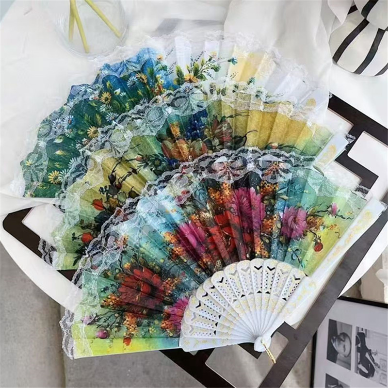 I057白杆西班牙花边扇子精美绢布礼品扇蕾丝边道具折扇+义乌百货