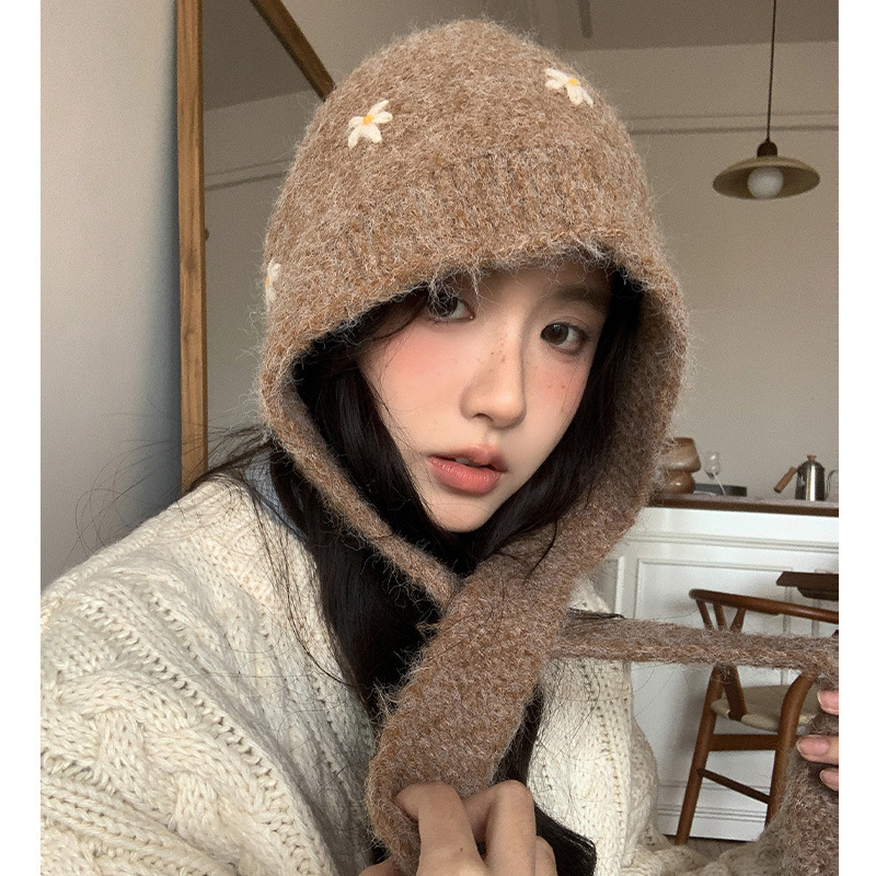新款花朵巴拉克拉法帽子女秋冬季韩版保暖护耳包头毛线帽厂家批发|undefined