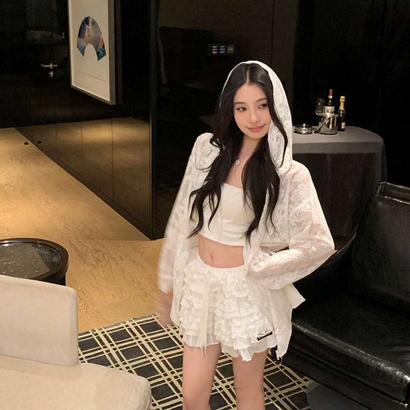 Трансграничный 2024 новый тонкий длинный рукав солнцезащитный кардиган кружевной топ с капюшоном женский летний свободный повседневный рубашка с кондиционером