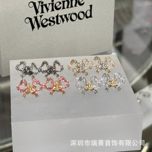 小红书爆款西太后满钻蝴蝶结拼色土星耳钉甜美风少女百搭轻奢耳饰