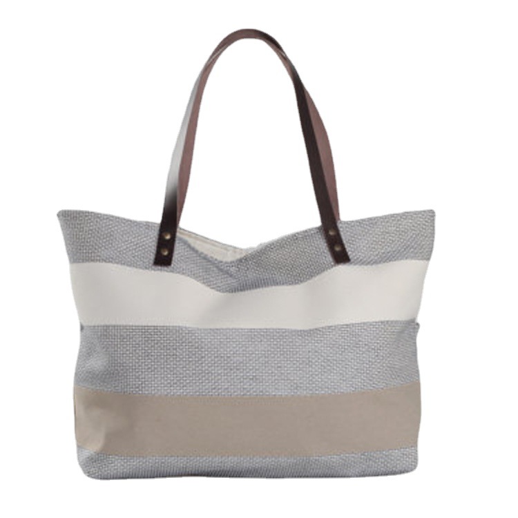 条纹拼色女士PU手提包 外贸简约帆布购物袋 印花广告礼品袋定制