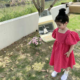 韩国童装棉女童连衣裙2025夏季新款泡泡袖蝴蝶结露背儿童公主裙子