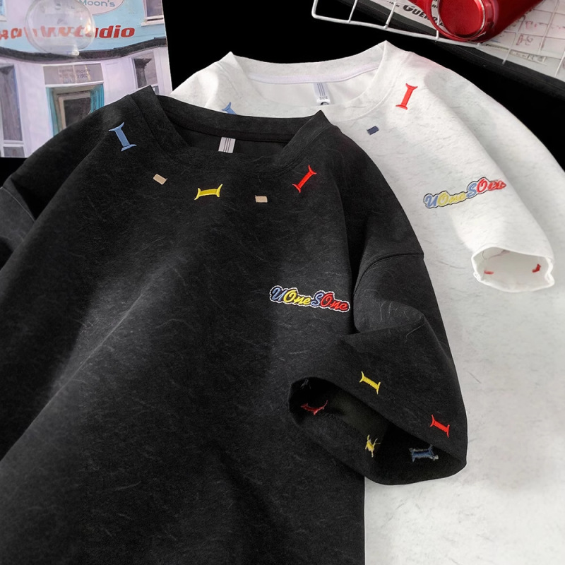サンドウォッシュ刺繍ヘビーウェイト半袖Tシャツメンズトレンディブランドクリエイティブデザイン半袖ルーズカジュアルコントラストカラー高級Tシャツ|undefined