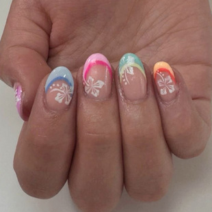 Multicolor Layered French Flower Short Round Armor Simple White Manicure Pieces Removable Dressing Armor 24 Pieces